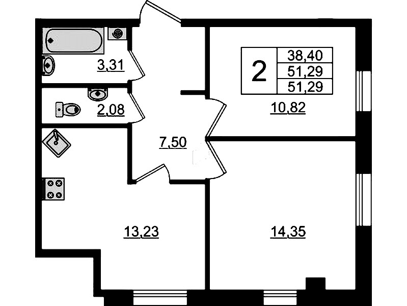 2-комнатная квартира 51.29 м², 13/13 эт., Апарт-отель «Zoom Черная речка»